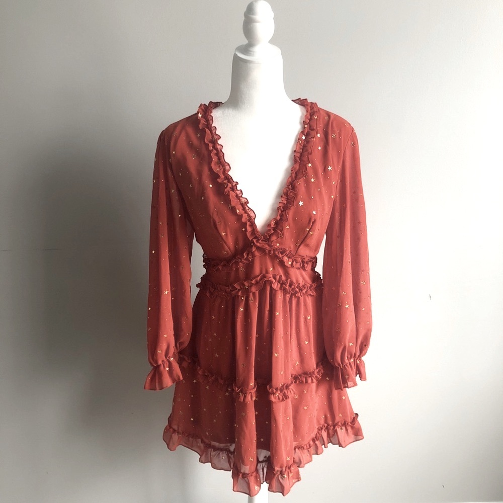 Burnt Orange Billow Sleeve Chiffon Dress boutique - Picture 4 of 10